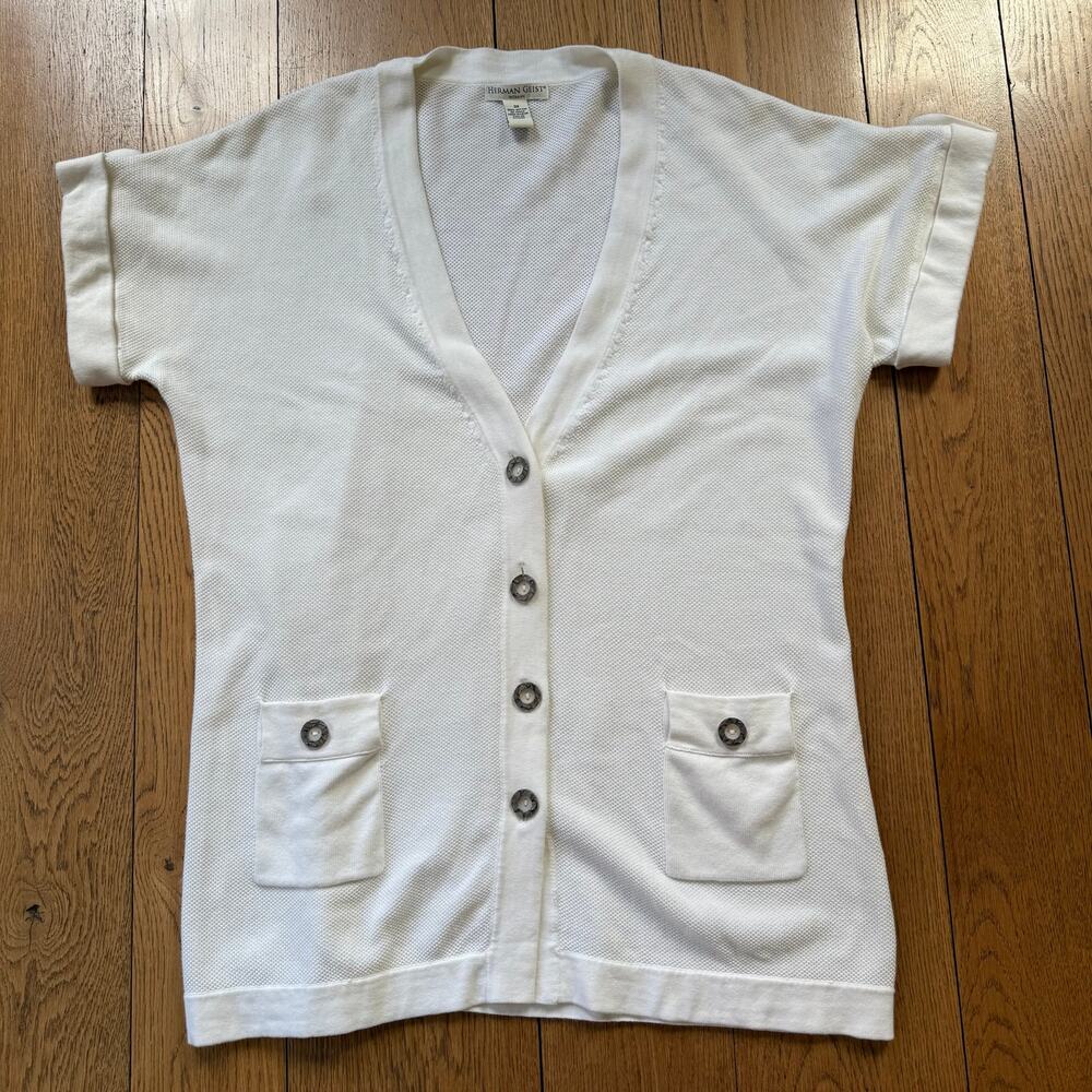 Herman Geist Woman Long Line Waffle Knit Cardigan SZ 3X Short Sleeve Cream Class